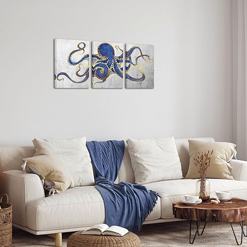 Miniatura 6 de 3 piezas de arte de pared de pulpo, color azul marino, estampado de animales marinos sobre lienzo, póster de vida oceánica para baño, dormitorio,