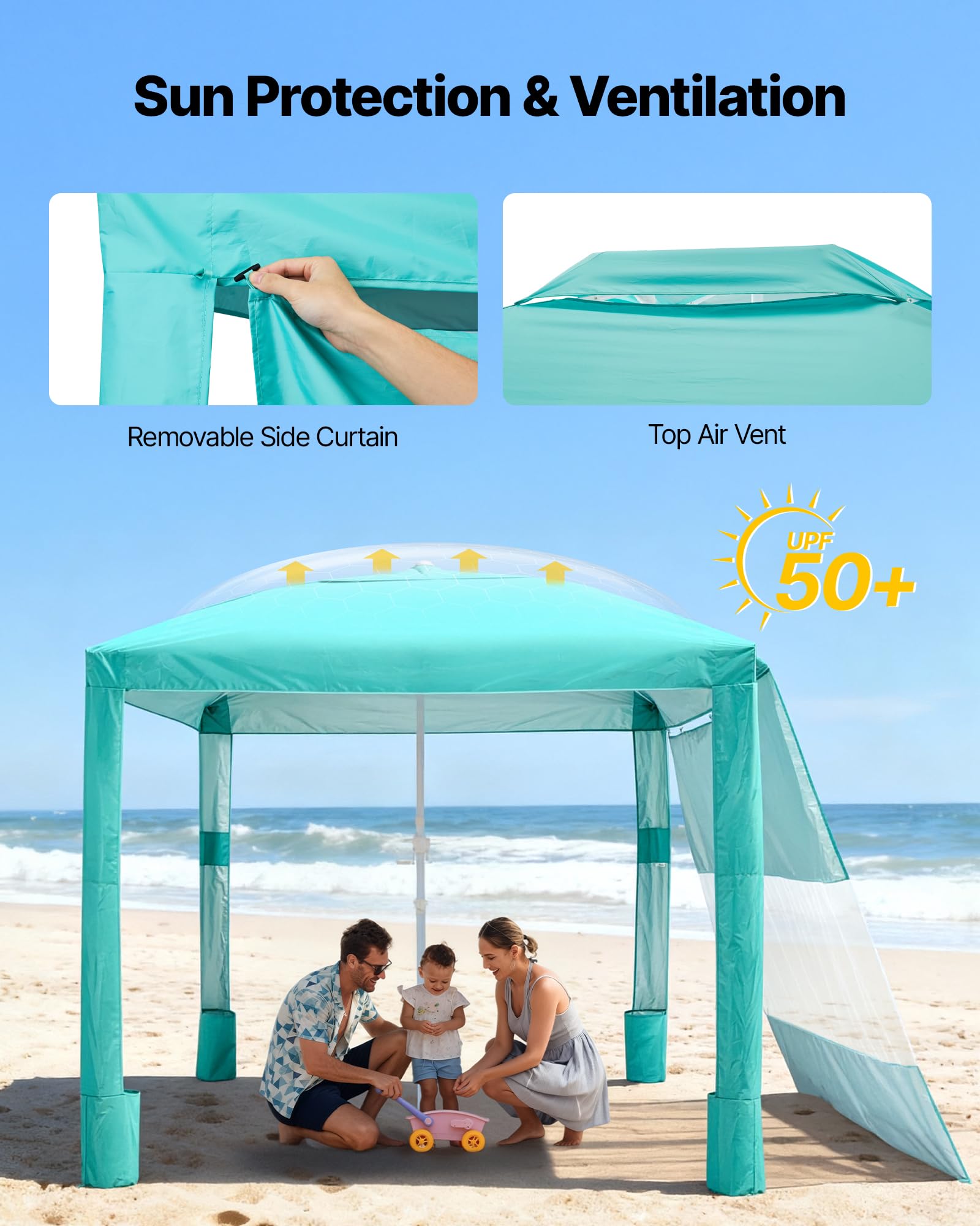 VEVOR Namiot plażowy 2400 x 2400 x 2400 mm, ze ścianą boczną, łatwy montaż, z kieszeniami na piasek, przenośny parasol przeciwsłoneczny z regulacją wysokości dla rodziny i przyjaciół, zielony