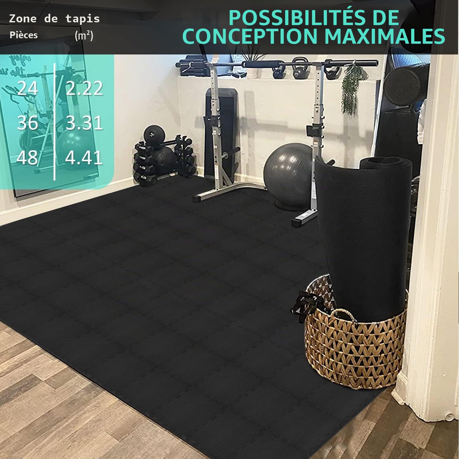 Tapis de sol Fitness Set [31x31cm], 24/36/48 Tapis puzzle, tapis de sport EVA Tapis de fitness antidérapant, tapis de sol pour salle de fitness&appareil de fitness (2,22 Qm/24 Tapis - Noir)
