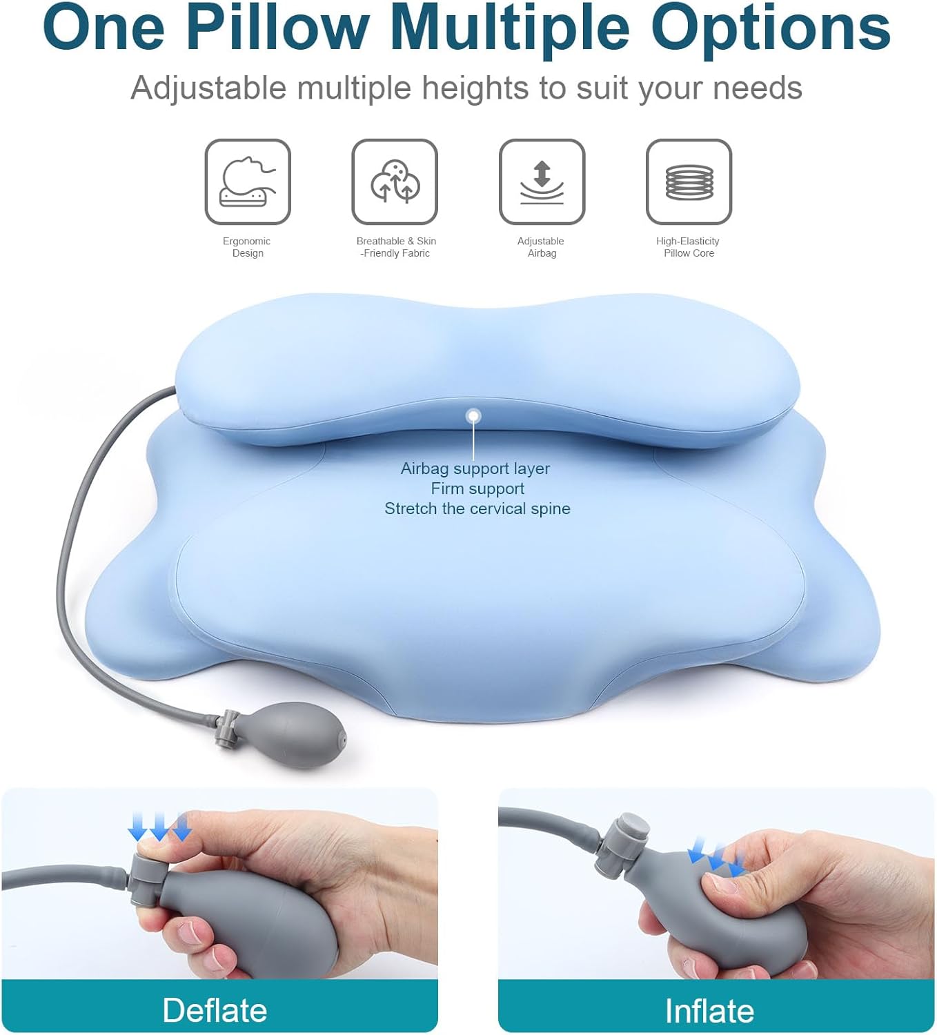 Adjustable Cervical Neck Pillow for Sleeping Neck Pain Relief, Memory Foam Pillow with Cooling Ice Silk Cover, Ergonomic Neck Support for Sleep Apnea, Side Sleeper