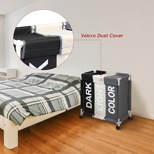 Miniatura 5 de Cesta clasificadora de ropa sucia de 3 secciones con ruedas rodantes, carrito organizador de lavandería para baño, dormitorio, guardería (blanco +