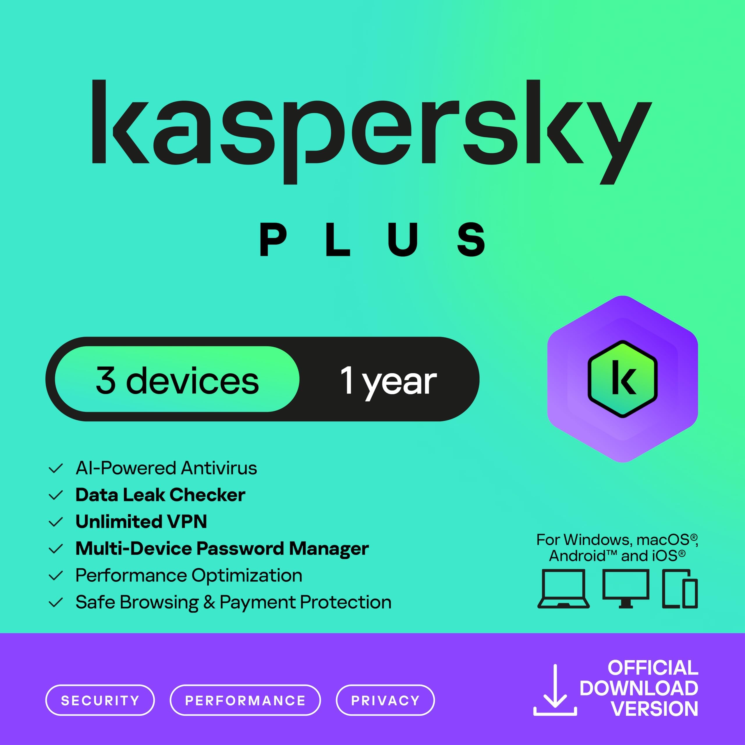 Kaspersky Plus Internet Security 2026 | 3 Devices | 1 Year | Anti-Phishing and Firewall | Unlimited VPN | Password Manager | Online Banking Protection | PC/Mac/Mobile | UK Online Code