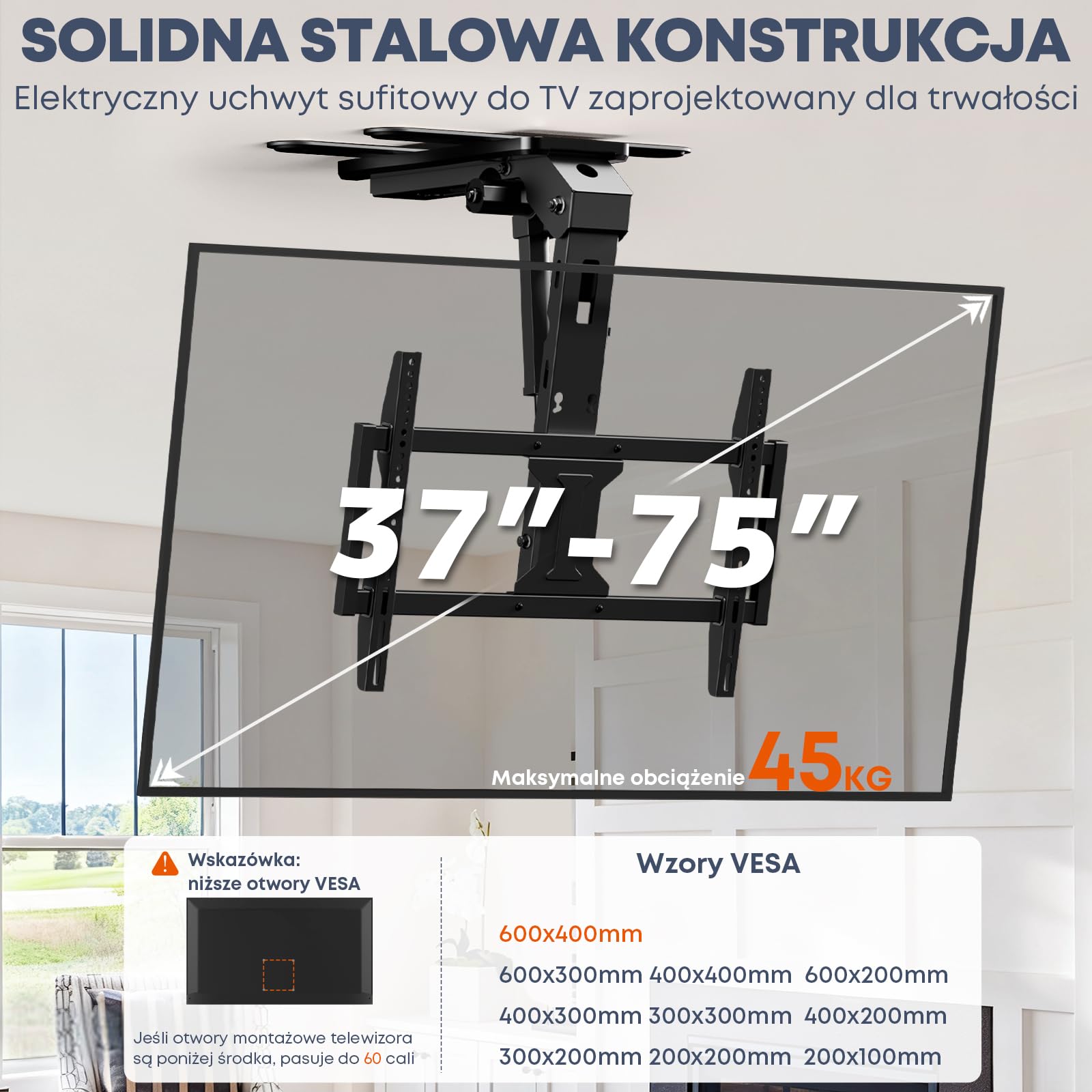 Elektryczny Uchwyt TV Sufitowy 37–75" – Opuszczany Podnośnik TV, Pilot, Udźwig 45 kg, VESA 600×400mm, Czarny