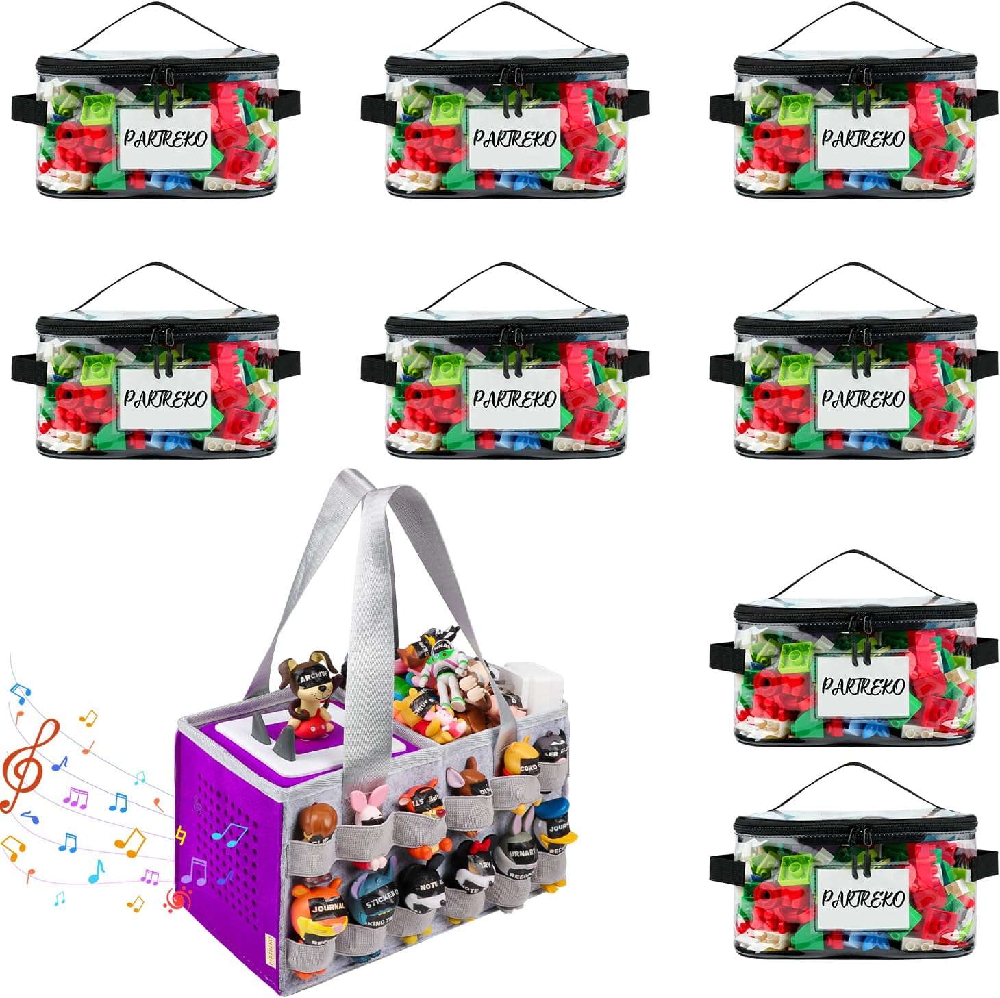 8 Pack Clear Toy Storage Bag with Name Tag& Manual Pocket & Carrying Case for Tonies Box with Audio Position, Portable Travel Storage Bag for Tonies Figures with 24 Elastic Strap Gray&Purple