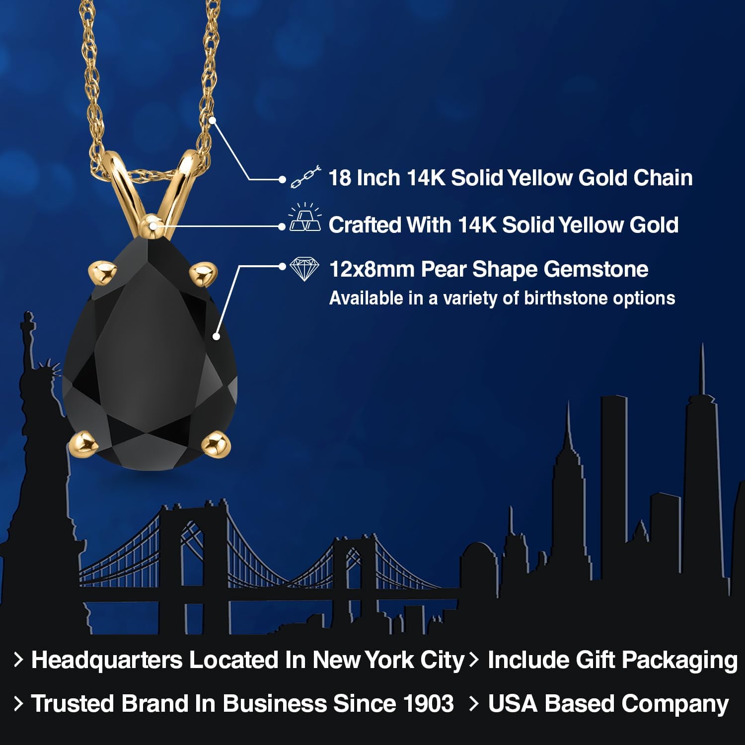 Gem Stone King 14K Yellow Gold Black Onyx Pendant Necklace for Women | 2.77 Cttw | Gemstone December Birthstone | Pear Shape 12X8MM | With 18 Inch Chain - Image 2