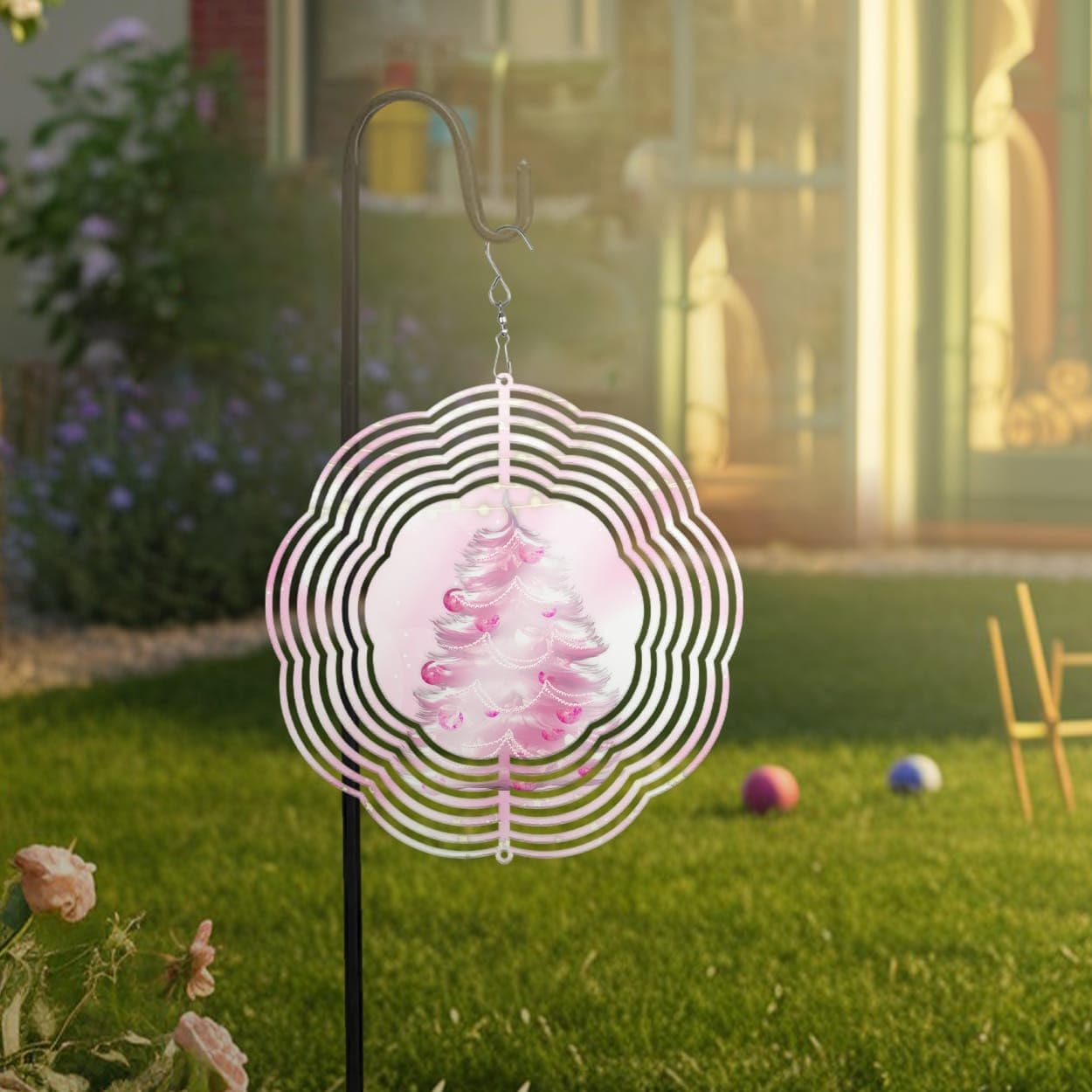 Pink Christmas Pine Tree Christmas Wind Spinners 3D Stainless Steel Laser Cut Metal Double Sided Printing-Hanging Indoor/Outdoor Decorations Yard Gardening Decor,Metal Kinetic Art 14x14 inches