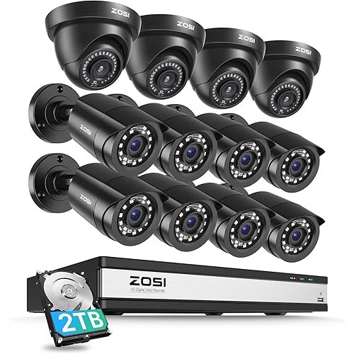 ZOSI 16CH 3K Lite Security Camera System with 2TB HDD,AI Human/Vehicle Detection,Night Vision,Remote Access,H.265+ 16 Channel 5MP Lite HD-TVI DVR with 12PCS 1080P Outdoor Indoor Surveillance Cameras