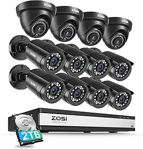 ZOSI 16CH 3K Lite Security Camera System with 2TB HDD,AI Human/Vehicle Detection,Night Vision,Remote Access,H.265+ 16 Channel 5MP Lite HD-TVI DVR with 12PCS 1080P Outdoor Indoor Surveillance Cameras asin的图片