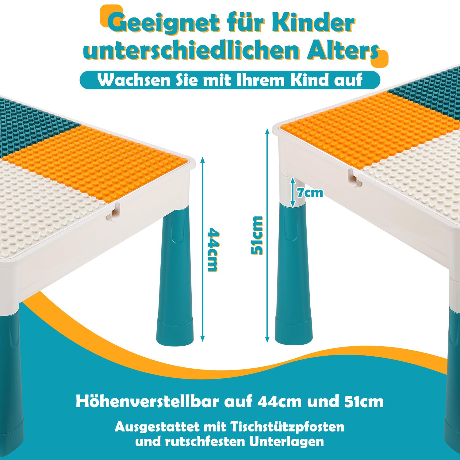 Kindertisch mit 2 Stühlen, Bausteintisch 2-in-1 mit Wendplatte, höhenverstellbar 44/51 cm, Spieltisch mit 4 Boxen und Innenfach, 251 Bausteine, Bastel- und Lerntisch, Weiß/Türkis