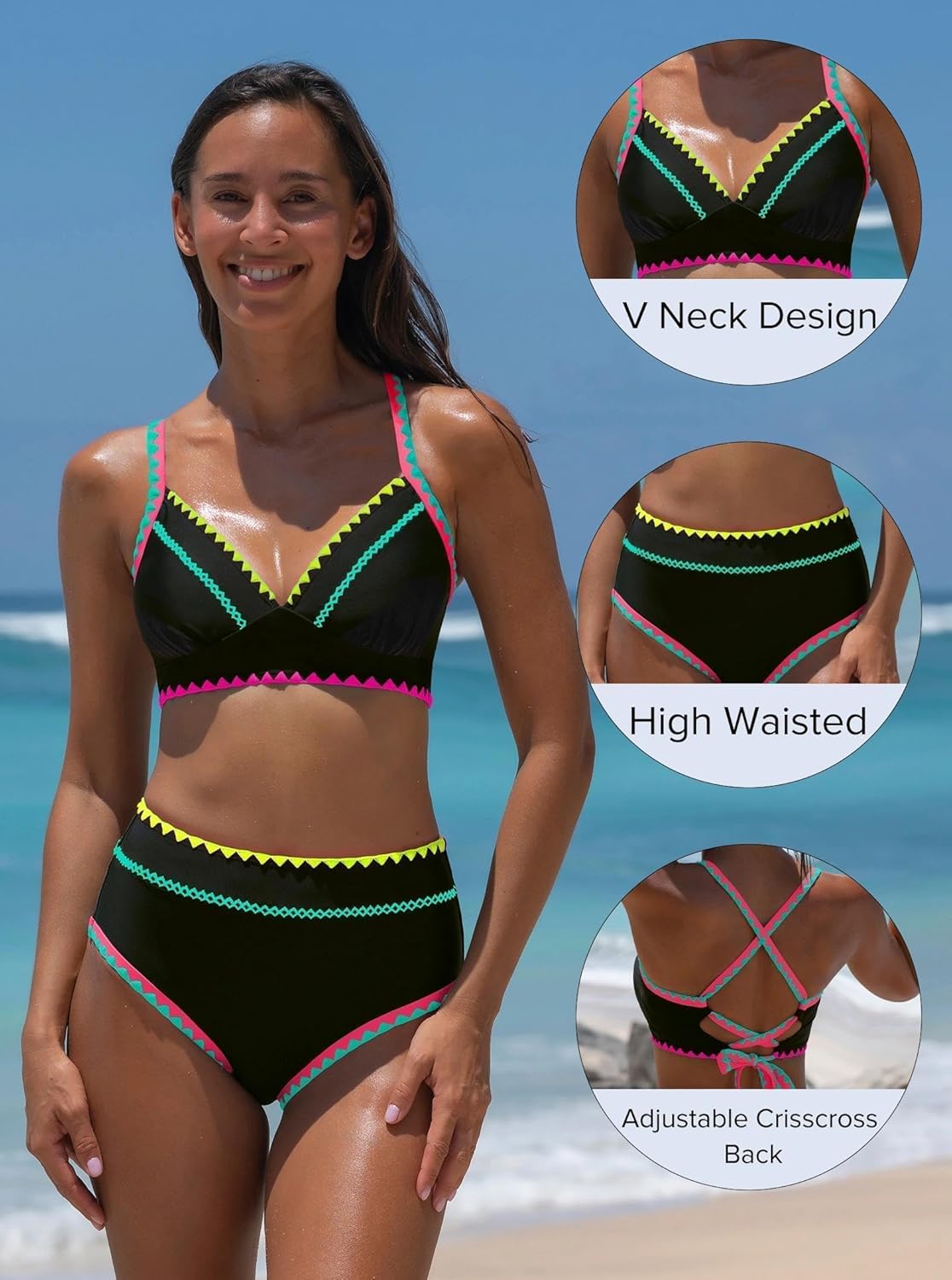 popvil High Waisted Bikini Sets for Women Tummy Control Swimsuits Neon Two Piece V Neck Drawstring Bathing Suits 2026 - Image 4