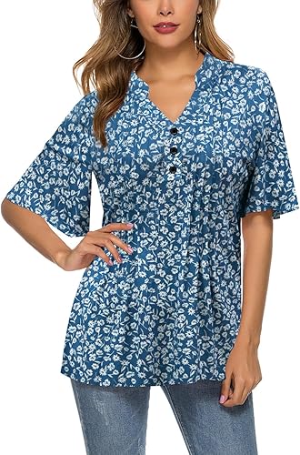 HOCOSIT - Blusa túnica con mangas arrugadas y volante delantera, cuello en V, con botones, para mujer, con estampado floral