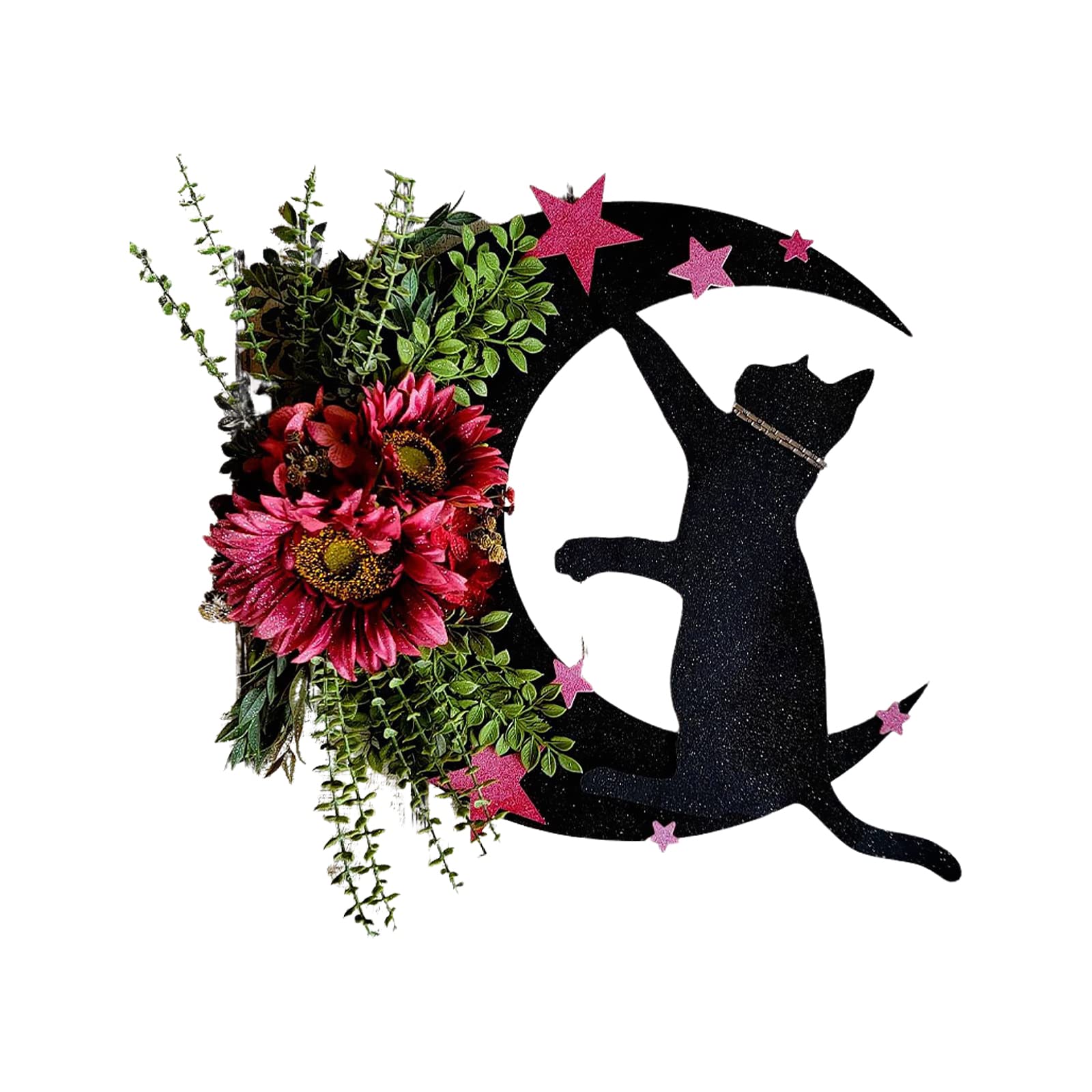BestAlice Halloween Wreaths for Front Door, 12 Inch Halloween Moon Cat Garland With Rose, Black Decorations Halloween Garland, Gothic Rose Moon Cat Wreath