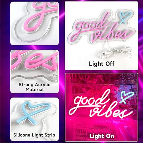 Miniatura 4 de Good Vibes - Letreros de neón para decoración de pared, letrero de luces de neón rosa con corazón, luz de neón LED para dormitorio, habitación de