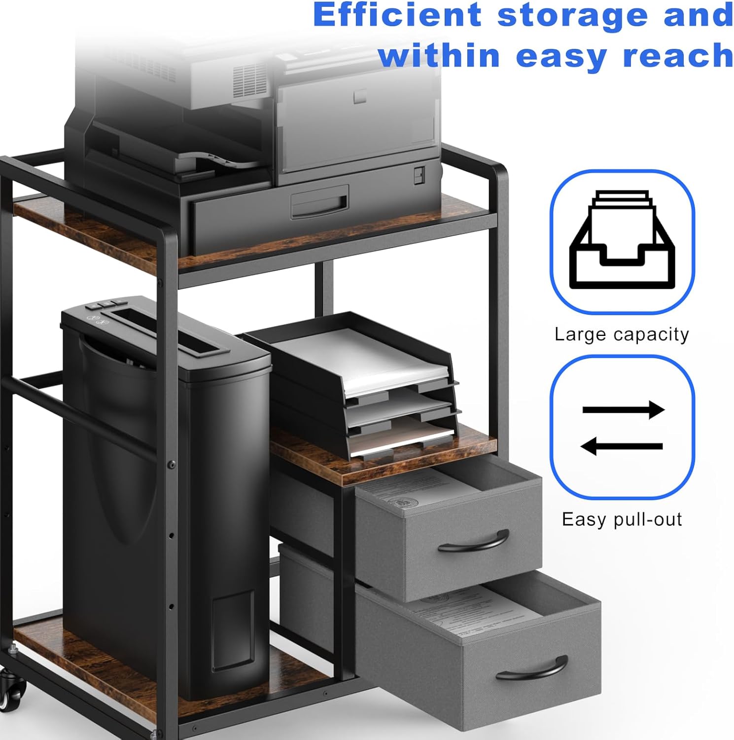 Large Printer Stand, 22 x 18.5 Inch Printer Table with Wheels for Home Office Storage and Organization, Mobile Rolling Printer Cart for Scanner Fax Host Computer CPU Shredder, Rustic Brown