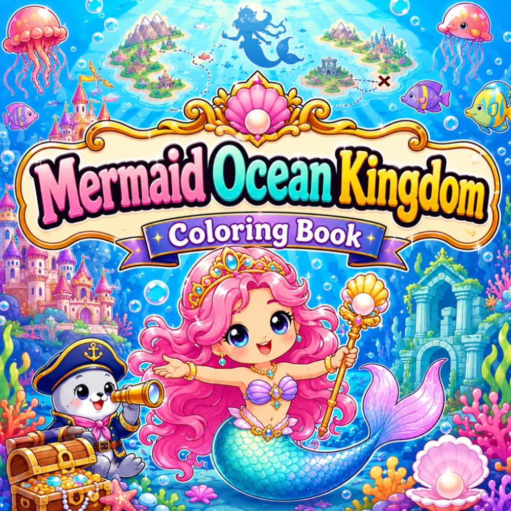 Mermaid Ocean Kingdom Coloring Book: Magical Underwater Mermaid Adventures with Castles, Sea Creatures, Treasure Maps, Coral Reefs, and Fantasy Ocean Pages