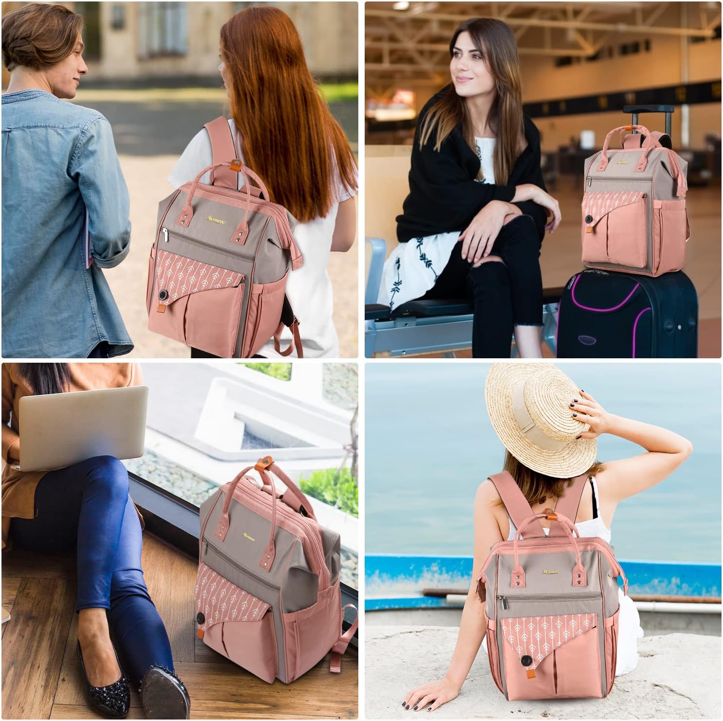 MOMUVO Laptop Backpack for Women with USB Port, Student Bookbag Water Resistant Backpacks Teacher Doctor Nurse Work Stylish Travel Bags, Fits 17-Inch Laptop,Pink