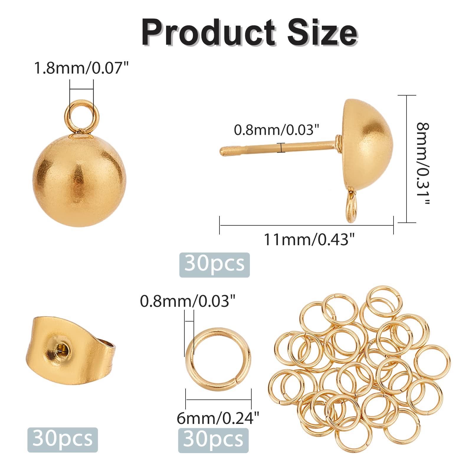 Set 100 Borchie Per Orecchini In Acciaio Inox - Sfere Dorate Con Anelli E Dadi - Foto 12