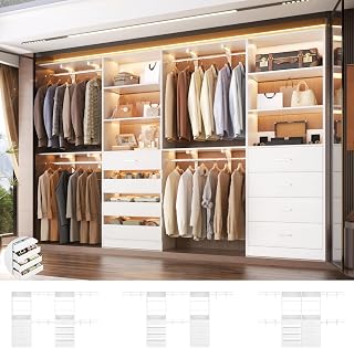 Aheaplus Closet System, Wood Closet Organizer System with 8 Drawers &4 Rods | Cut to Fit 7-12Ft, Large Walk-in Closet Organizer Wardrobe System with Shelf & Tower, Multiple Installation Ways, White
