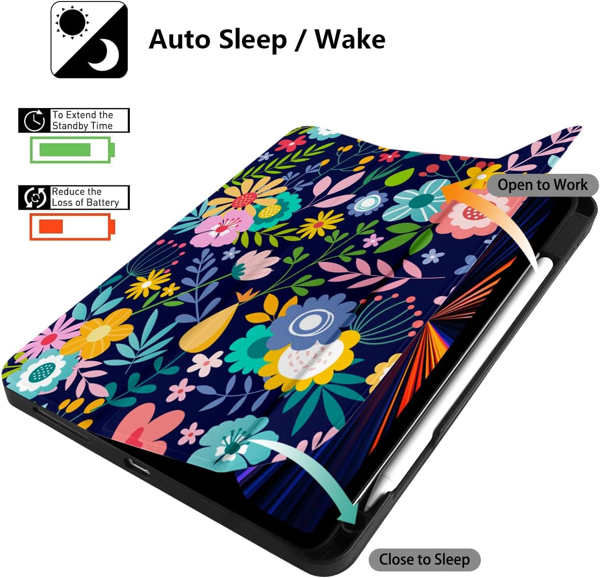 DONGKE Floral Design Case for iPad Pro 12.9 inch 6th, 5th, 4th, 3rd Gen with Pencil Holder, Auto Wake/Sleep, and Stand - Image 6