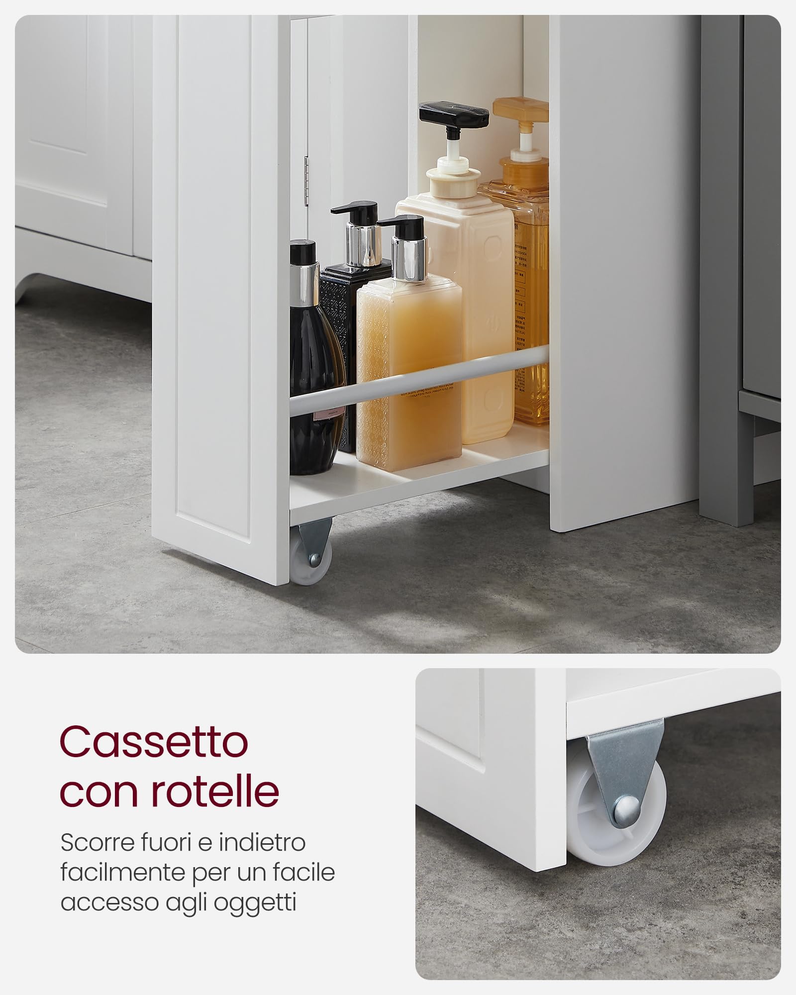 VASAGLE Mobile da Bagno, Mobiletto Salvaspazio, Mobiletto a Colonna, Porta Carta Igienica, con Cassetti, per Piccoli Spazi, Bianco BBC847P31