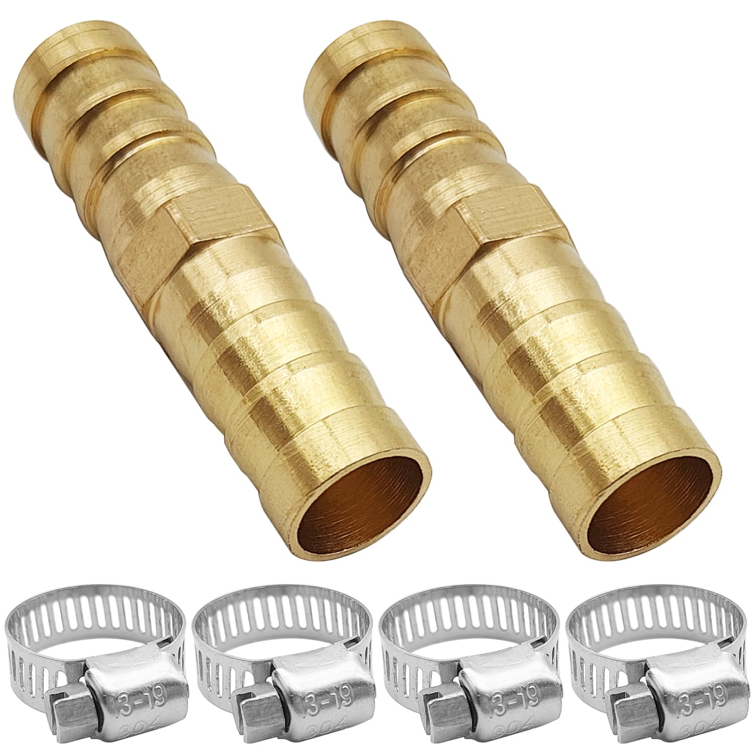 Brass Hose Barb Fittings Repair Kit, 2 pcs 3/8"(10mm) Brass Barb Splicer Mender Hose Fitting with 4 pcs Stainless Steel Pipe Clamps for Water/Fuel/Air, Fuel Line Connector Fittings