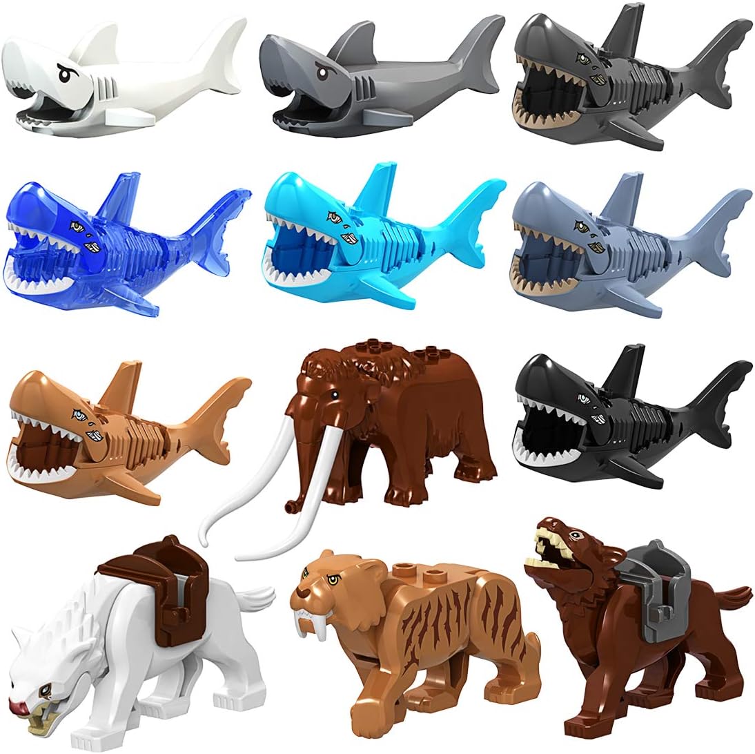 FutureShapers 12Set Animal Building Blocks Animals Figures Set : Tiger, Mammoth, Shark and Wolf for kids
