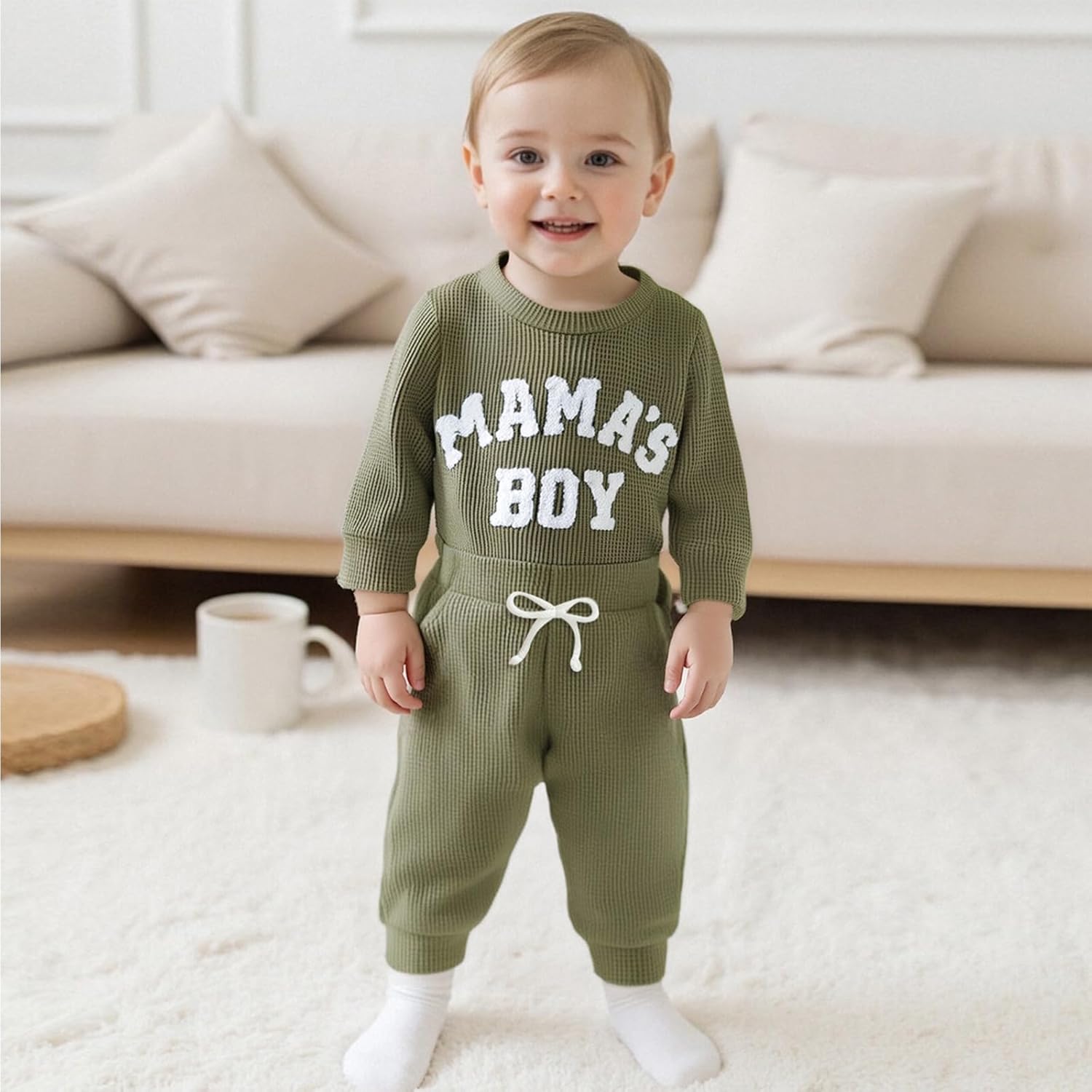FOMOYUU Newborn Baby Boy Clothes Waffle Letter Embroider Long Sleeve Romper Pullover Tops and Pants Sets Fall Winter Outfits - Image 2