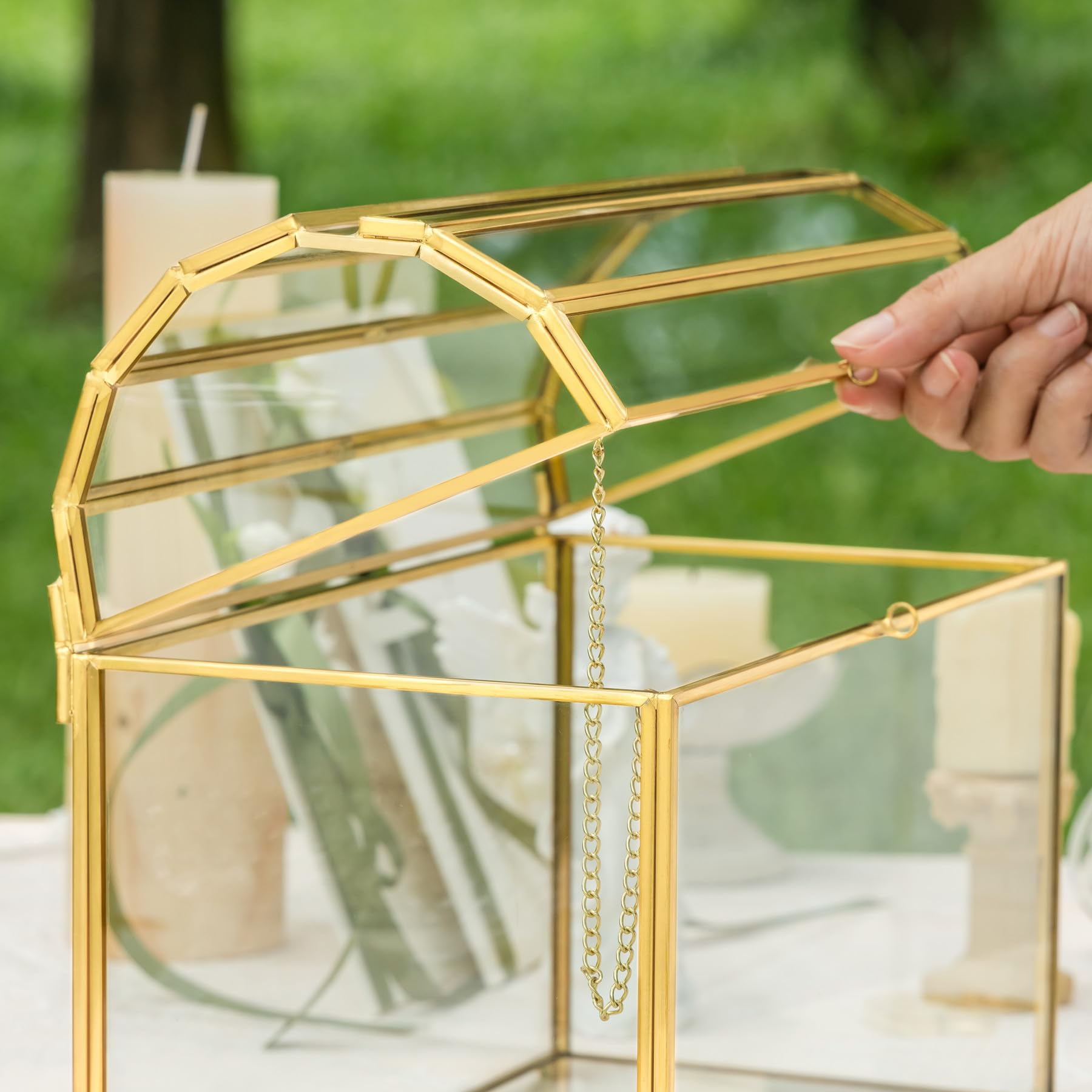 NCYP 26x14x21,5cm Scatola per biglietti di nozze con fessura e serratura in vetro dorato, per feste di compleanno, ricevimenti, vintage, design ad arco (Solo Scatola di Vetro e Lucchetto)