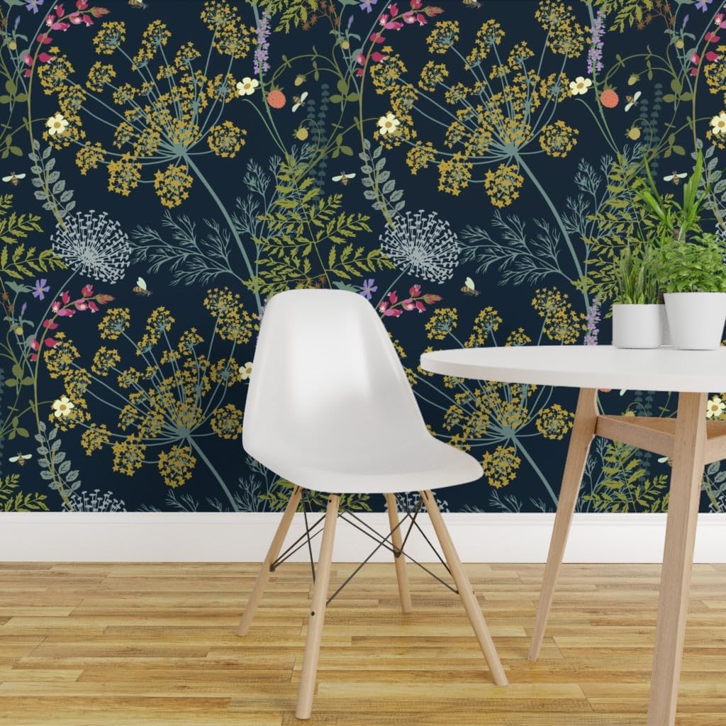 Removable Wallpaper Swatch - Botanical Grasses Honeybees XL Scale Floral Nature Dark Blue Gold Custom Pre-Pasted Wallpaper by Spoonflower