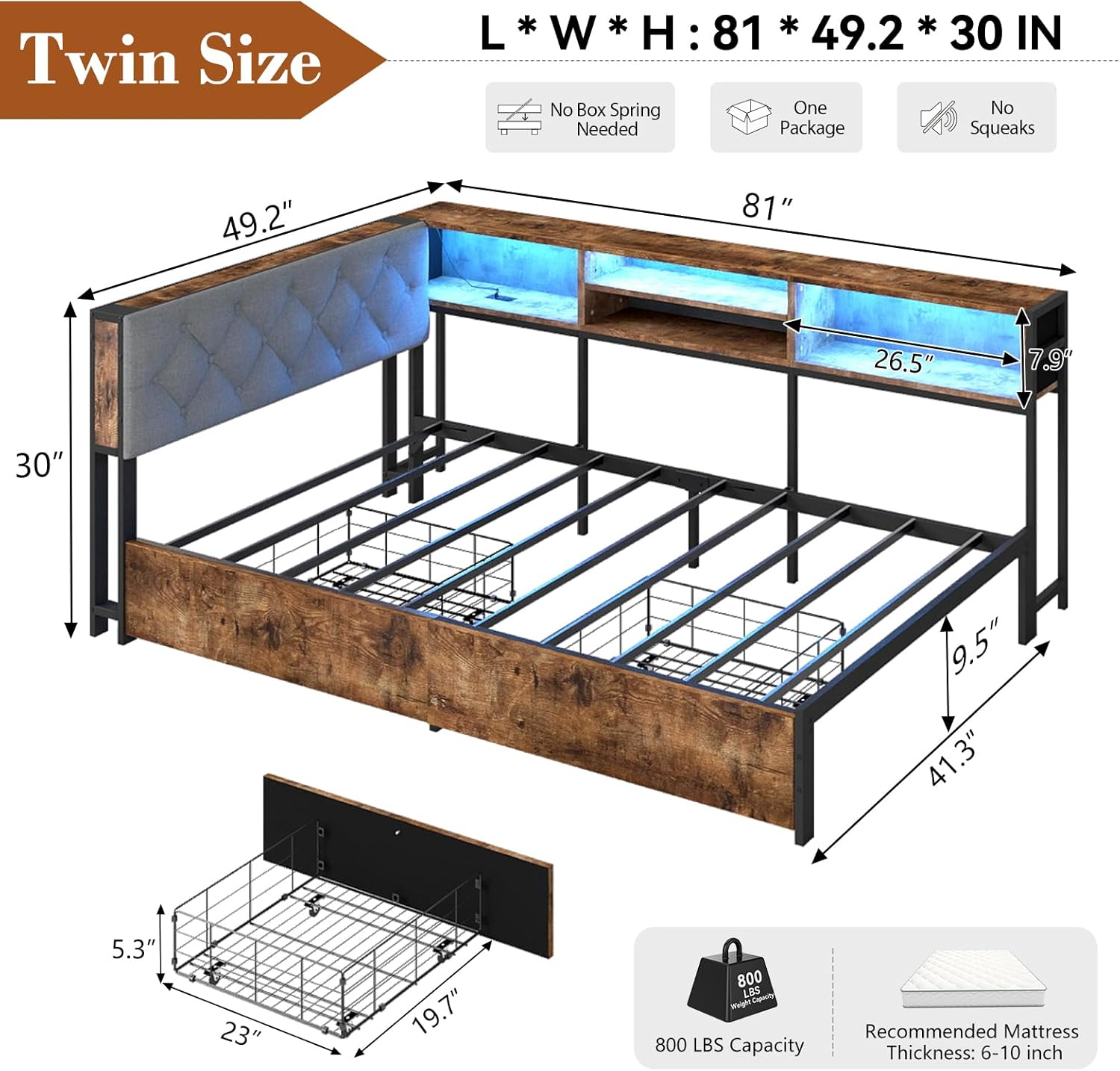 Twin Corner Bed Frame with Storage Bookcase and LED Lights, Twin Size Daybed with 2 Storage Drawers, Upholstered Platform Bed with Headboard and Charging Station, Rustic Brown & Gray