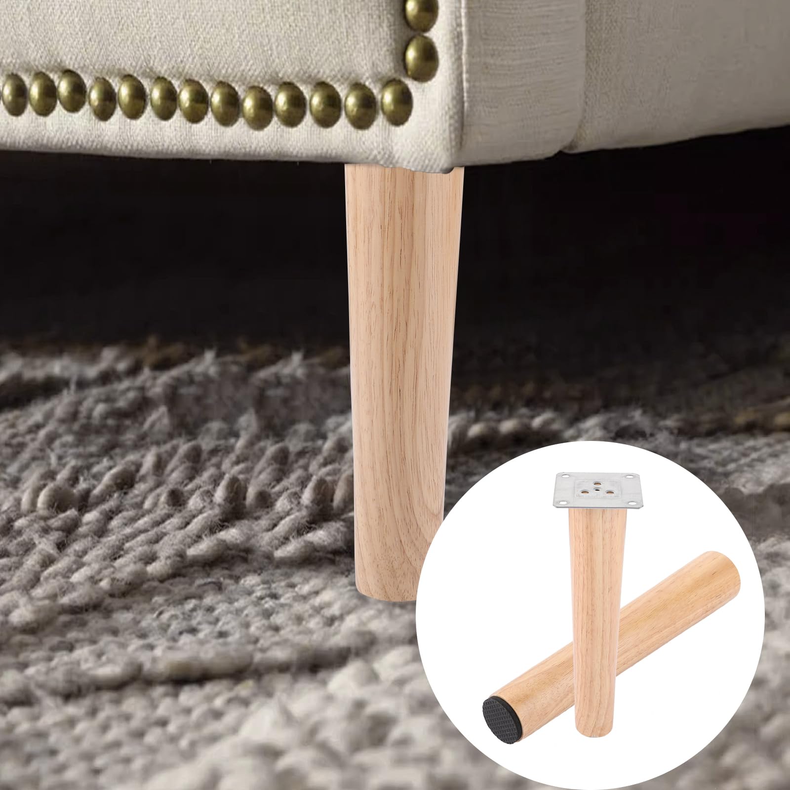 AKOLAFE 4 Pièces Pied de Meuble Bois 25 cm | Pieds de Meuble à Finition Chêne, Plaques et Vis pour Canapé, Lit, Fauteuil, Table Basse, Armoire ou Commode