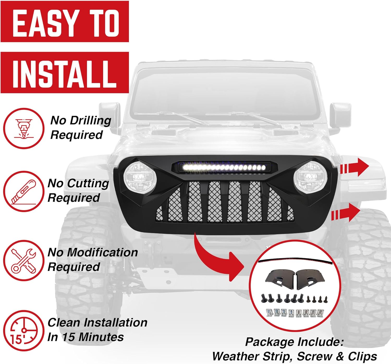 AMERICAN MODIFIED Demon Grille with LED Off Road Lights Compatible with 2018 to 2021 Wrangler JL and Gladiator JT without Trailcam, Matte Black