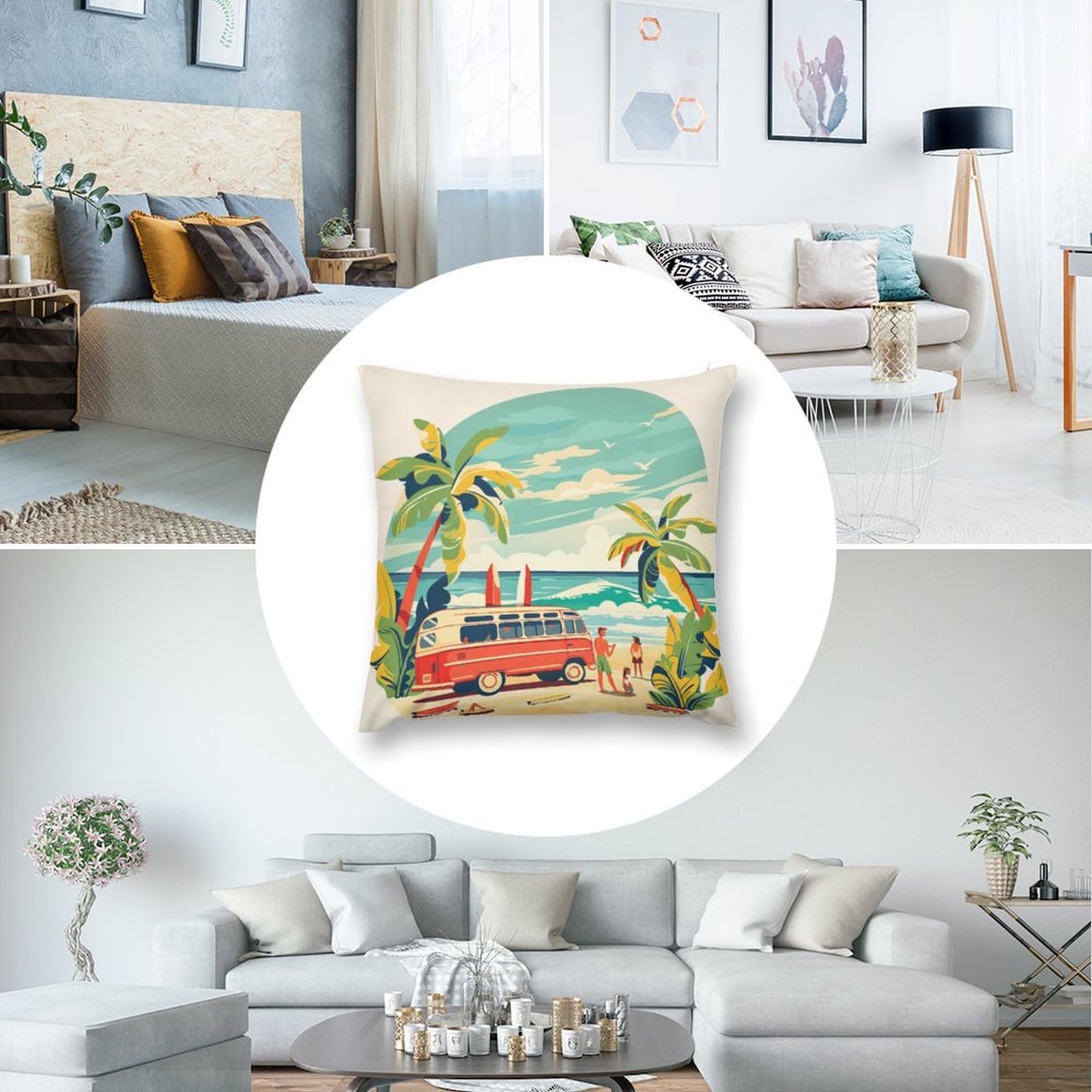 HighonHi 16x16 Inch Surfboard Beach Throw Pillow Cover - Vintage Summer Pattern For Couch, Sofa & Bed Decor - View #3