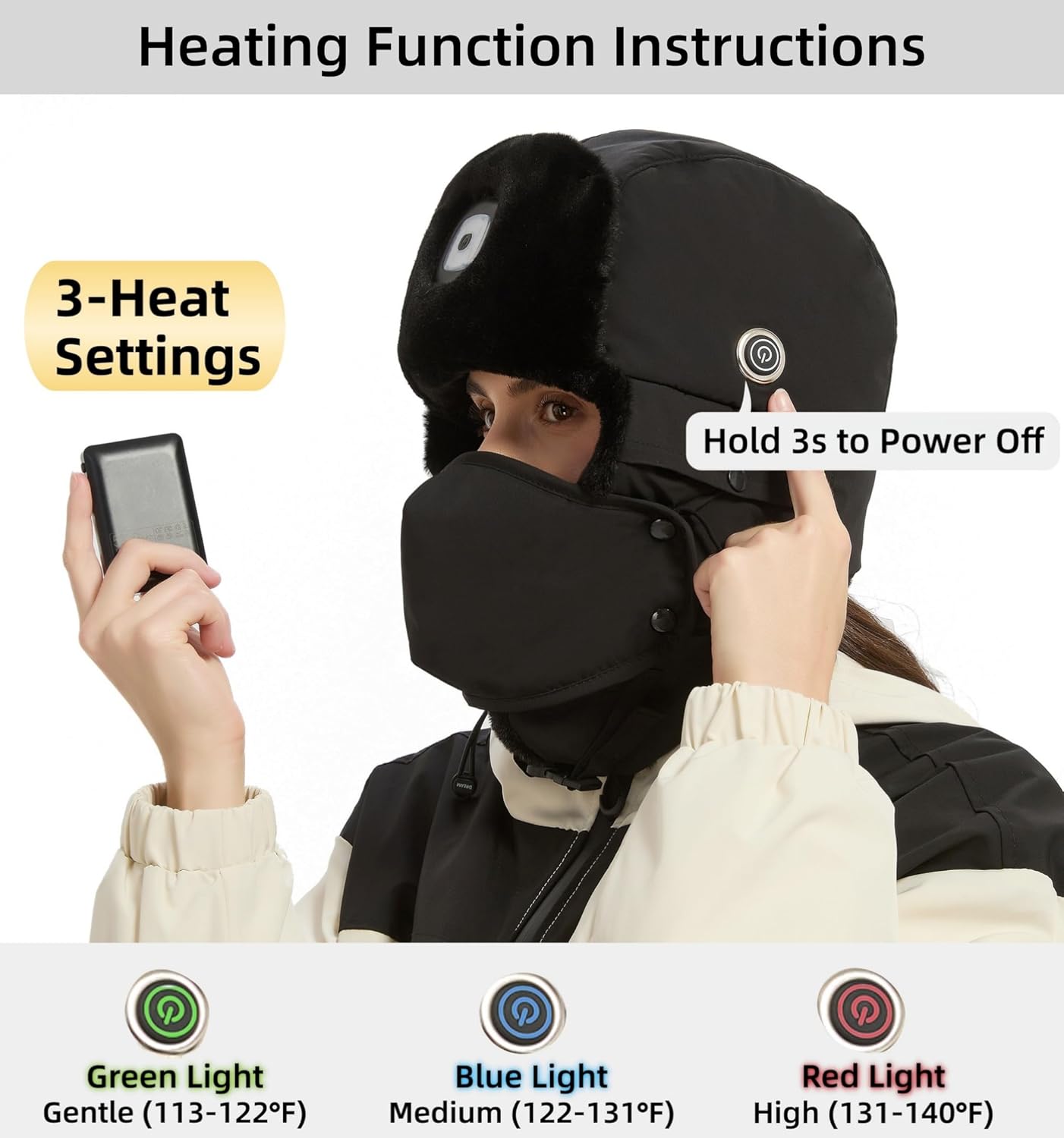 Connectyle Heated Trapper Hat with Rechargeable Battery & LED Light, Headlamp Winter Hat Faux Fur Ushanka Hunting Cap for Men - Image 3