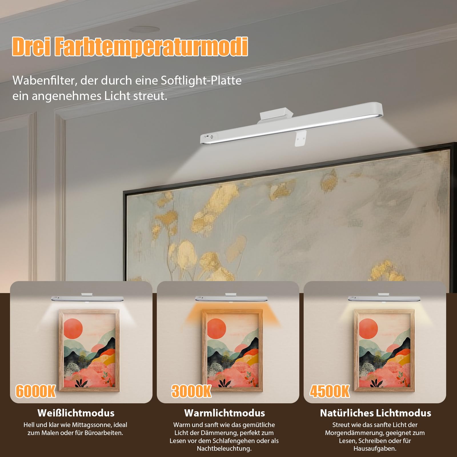 Bildbeleuchtung Kabellos, 5 Farbtemperaturen einstellbare Helligkeit Bilderleuchte Akku mit Fernbedienung, Dimmbar LED Dart Beleuchtung mit Timer für Bild (weiß, 48cm)