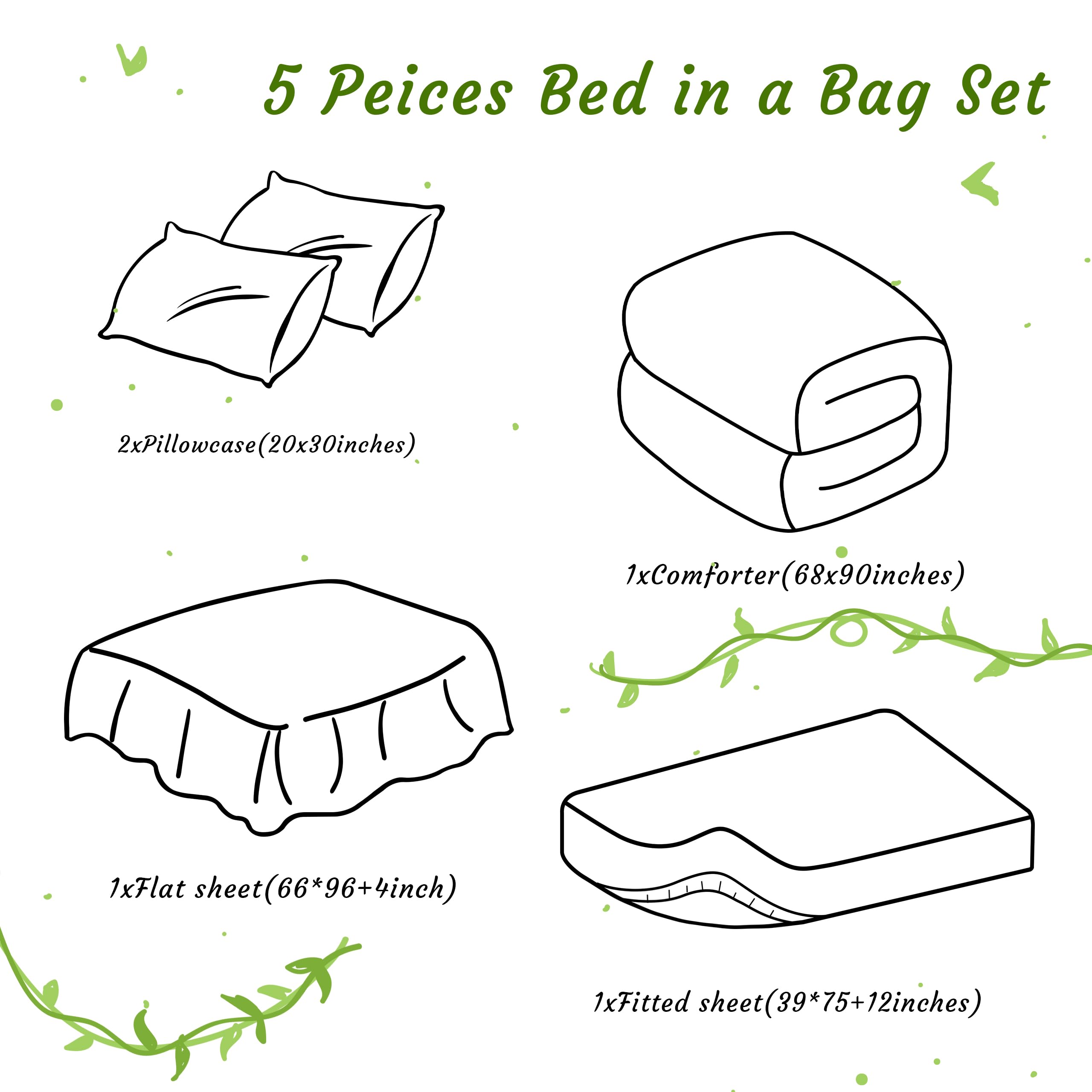 Juego de edredón individual con sábanas, juego de ropa de cama individual suave y transpirable de 5 piezas, cama individual en una bolsa, juego de edredón alternativo de plumón de color sólido 3