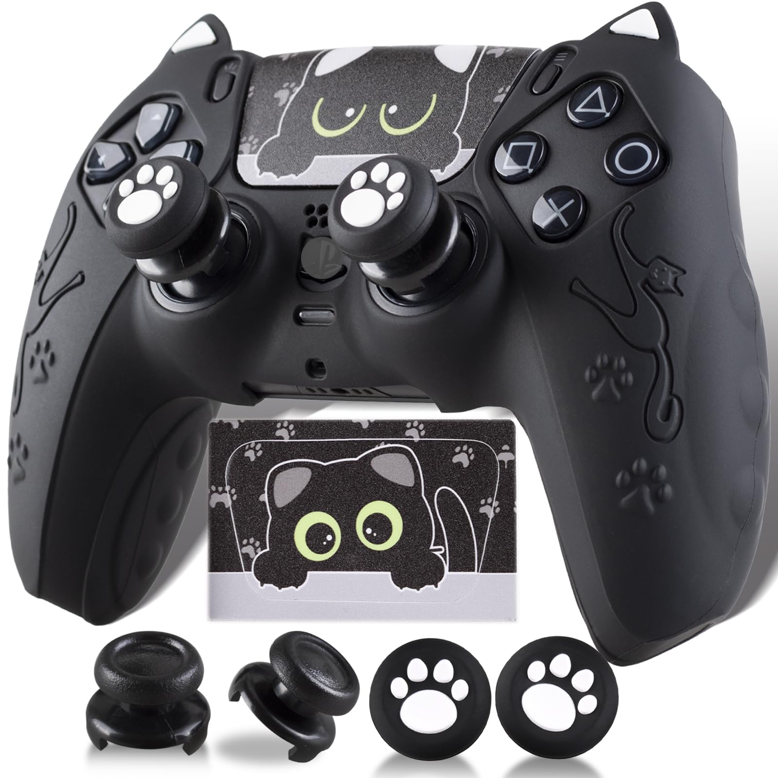 PlayRealm Silicone Skin Cover Sticker x 1 Extender Grips x 2 for PS5 Controller Cats Black