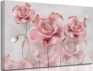 Modern Delicate Pink Gold Roses Canvas Wall art Flower Reflecting In Gre...