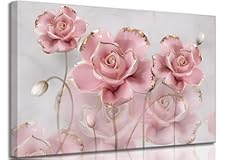 Modern Delicate Pink Gold Roses Canvas Wall art Flower Reflecting In Grey Marble Picture Wall Decor Poster Print Artwork for Living Room Bedroom Woman Room Home Decoration