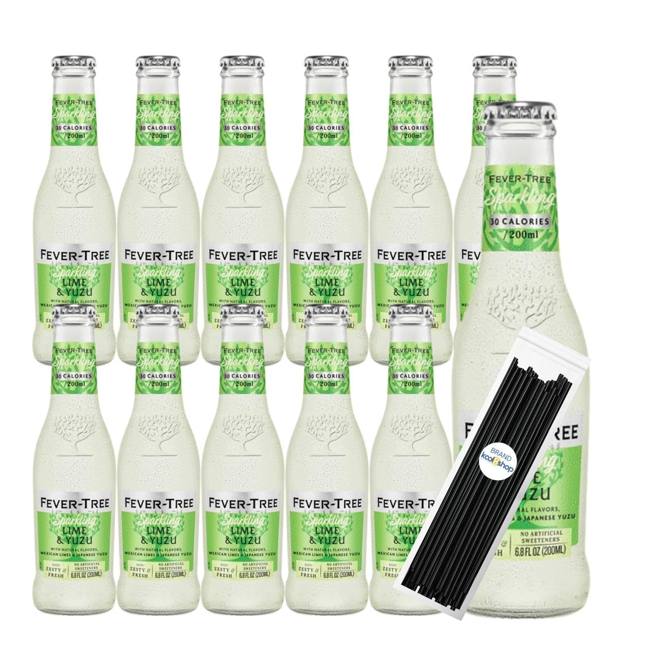 Fever-TreeYuzu and Lime Premium Mixer 6.8 fl oz Glass Bottles 12 Pack + 20 Plastic Stirrer Sticks by KOOL8SHOP Infinite Deals