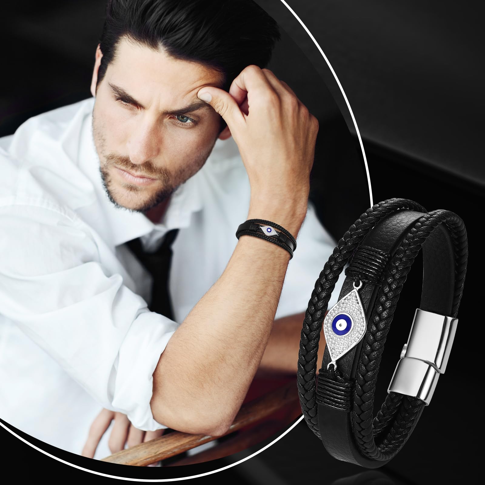 JewelryWe Pulsera de piel para hombre de acero inoxidable: Retro Cruz Infinity símbolo de infinito Calavera Daga, varias capas, pulsera de piel trenzada con grabado para hombre