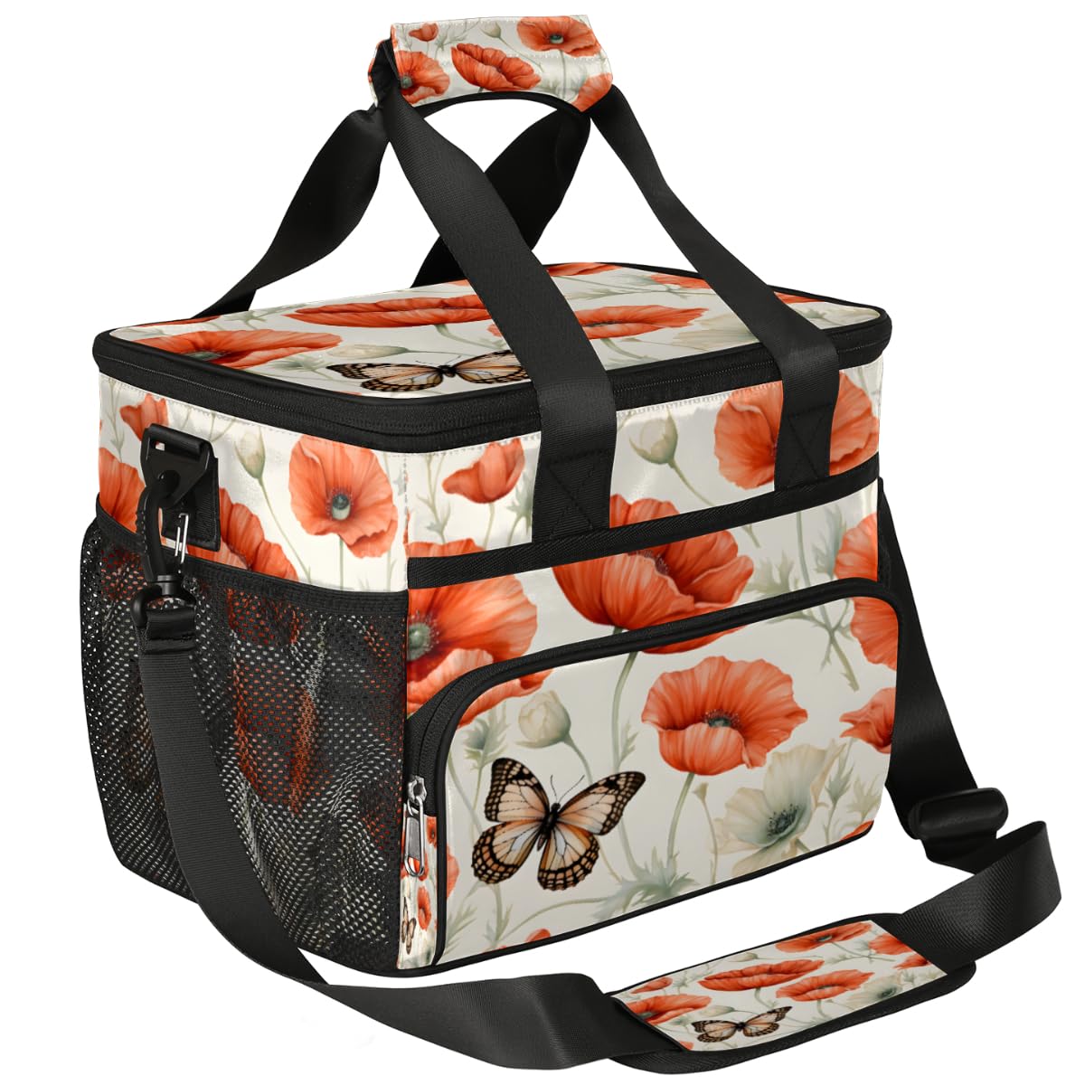 Flowers Insulated Picnic Backpack Lunch Box for Women Men Picnic Basket Tote Lunch Bag Picnic Bag Portable Lunch Bags for Picnic, Beach, Work, Trip,Office, Camp Poppies Butterfly