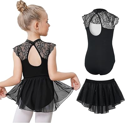 Gogokids Ballet Leotards for Girls Dance Leotards Toddler Hollow Back Lace Dance Dress with Removable Skirt Combo 3-11Years