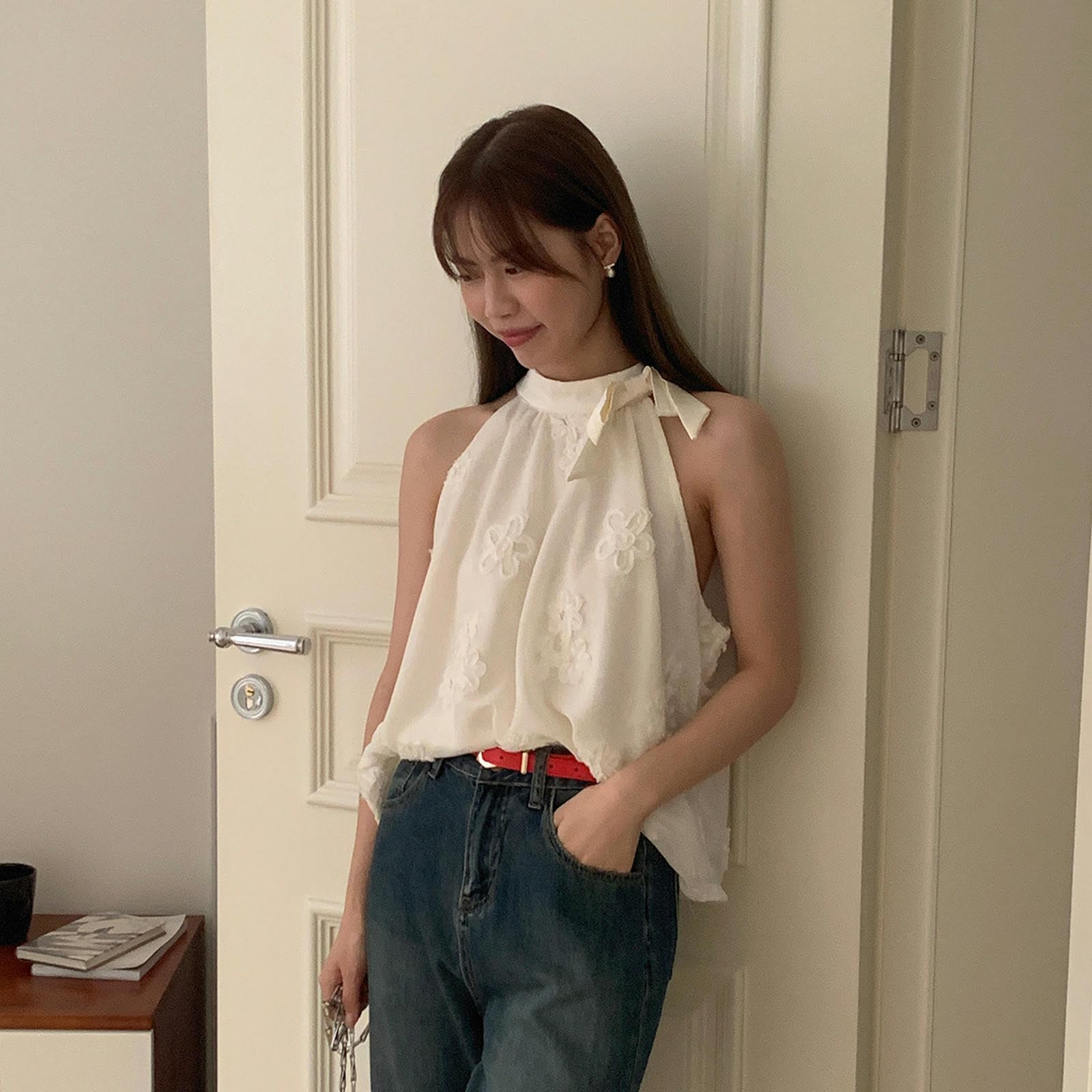 Top sin Mangas con Cuello Halter de Jacquard para Mujer en Verano, y Top Elegante - Albaricoque - Talla única