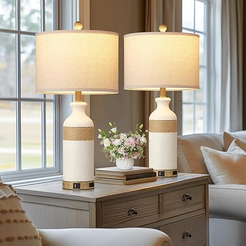 Miniatura 2 de Juego de 2 lámparas de mesa de ratán boho para dormitorio, mesita de noche de 26 pulgadas, con puertos USB C+A y salida de CA, control táctil