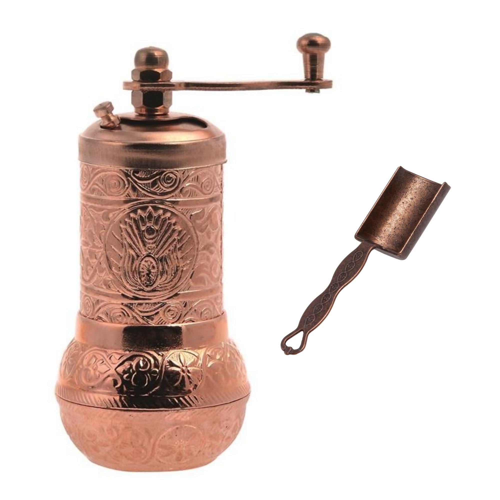 Acar Turkish Pepper Mill, Refillable Spice Mill with Measuring Spoon, Peppercorn Grinder with Crank Handle (Shiny Copper)