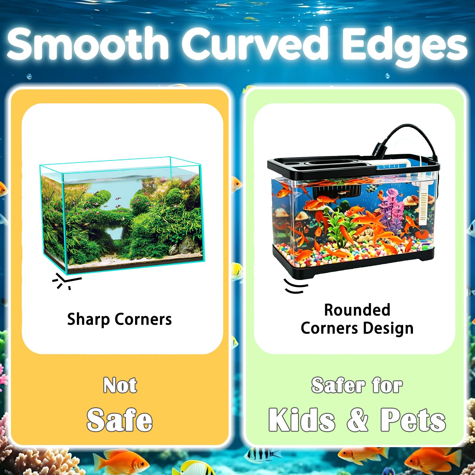 Acquario da 4 galloni - Kit di avviamento per acquario tutto in uno con luce LED per acquario, filtro silenzioso 3 in 1 e sfondo oceano - Acquario da tavolo ideale per pesci tropicali - Perfetto per