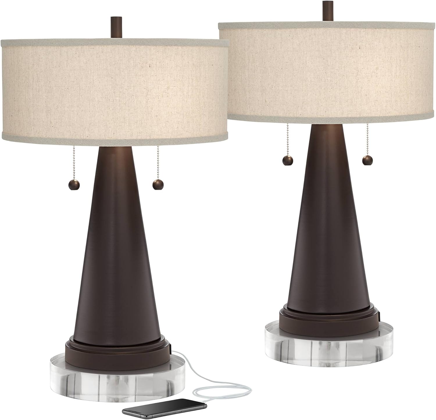 Franklin Iron Works Craig Rustic Farmhouse Table Lamps 24 1/2" Tall Set of 2 with Round Risers USB Charging Port Bronze Natural Drum Shade for Bedroom Living Room House Desk Home Bedside Office