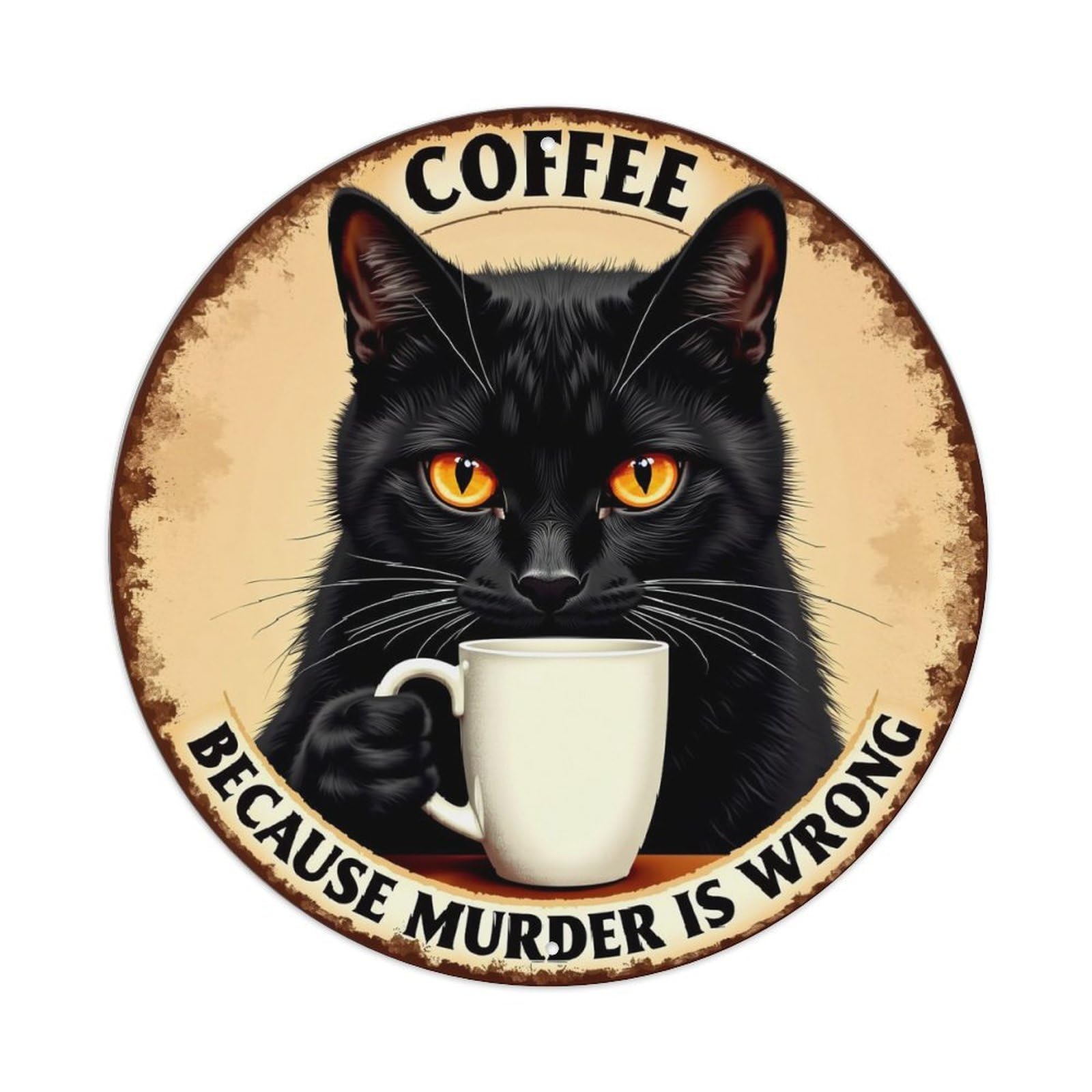 Black Cat Holding Coffee Cup_6 Metal Tin Sign Plaque