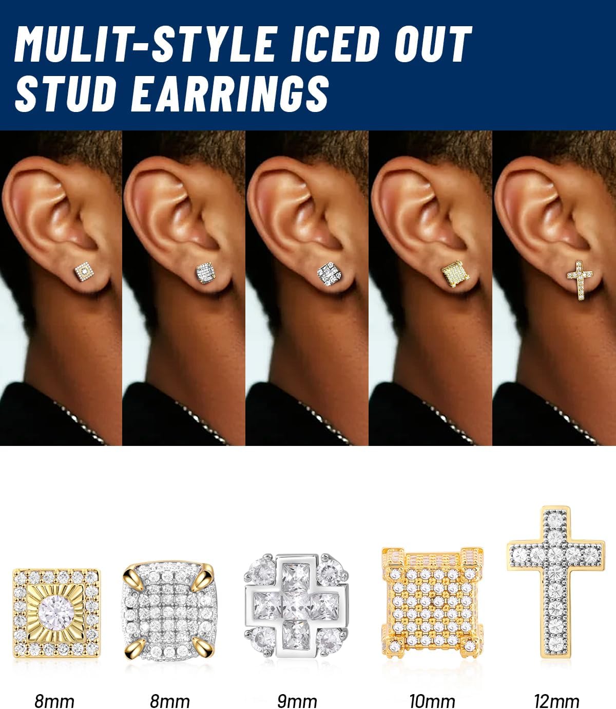 Moissanite Earrings for Men, Lab Diamond Cluster Studs Sterling Silver 18K Gold Plated Hypoallergenic Iced Out Big Hip Hop Earring Square Push Back with VVS1 GRA Certified 8/9/10MM - Image 7